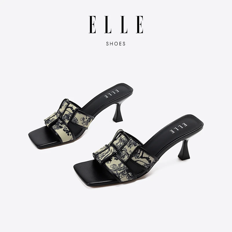 [管管姆妈专属]ELLE黑色法式凉鞋女2025新款高跟外穿时尚一字凉拖