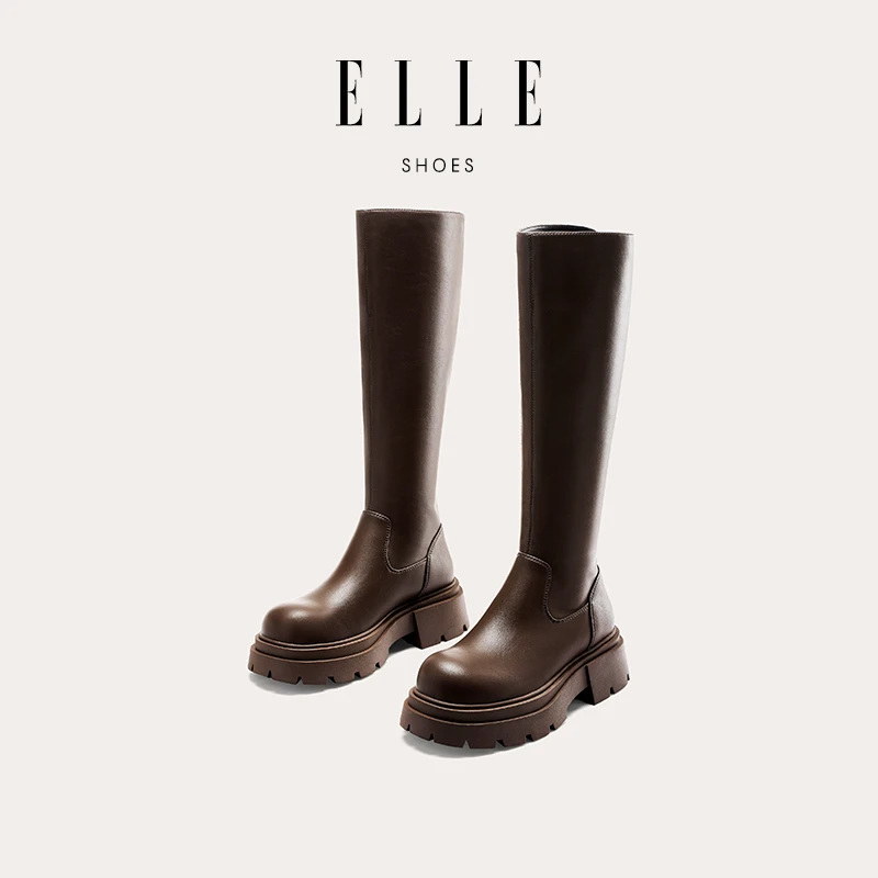 ELLE小个子英伦风时尚长筒靴百搭女靴秋冬粗腿2023新款厚底高筒靴