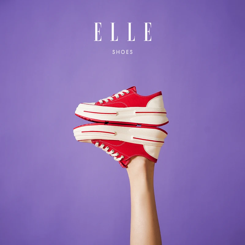 ELLE红色厚底帆布鞋松糕鞋2023新款秋冬季时尚百搭休闲鞋女鞋轻便
