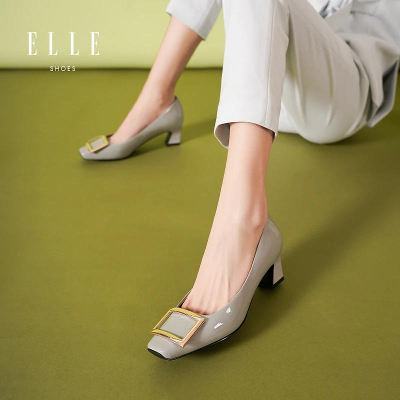 ELLE方跟高跟鞋女秋冬2023新款秋季方扣通勤女鞋法式浅口方头单鞋