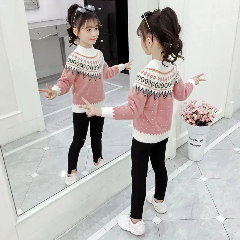 水貂绒女童毛衣2022秋冬装洋气加绒加厚中大儿童小女孩针织打底衫