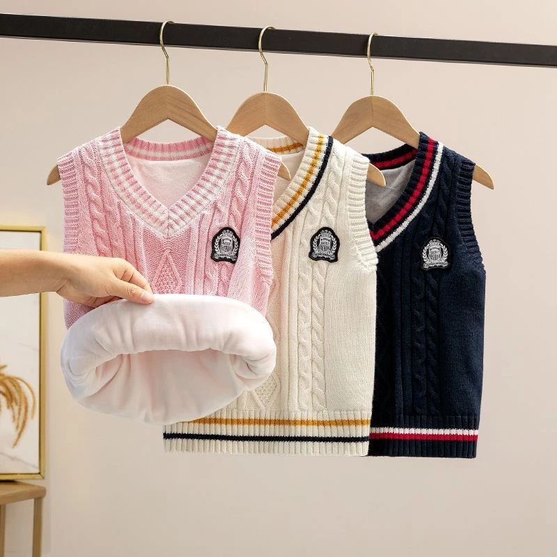 儿童毛衣加绒加厚马甲秋冬保暖女宝宝毛线背心中大童坎肩学院风