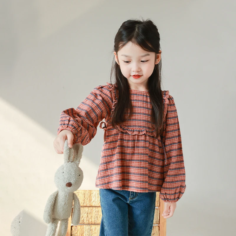 utouto大耳象女童花边格子小衫2024春季新款女宝上衣2307110