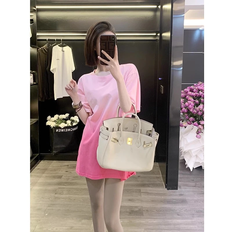 纯棉粉色短袖t恤女多巴胺穿搭中长款遮屁股设计感洋气减龄上衣