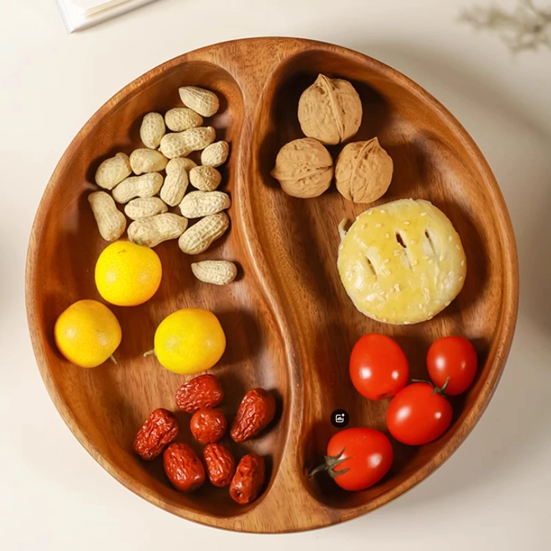 Aksaray新款圆形分两隔简约相思木材质的果盘分格干果水果盘创意