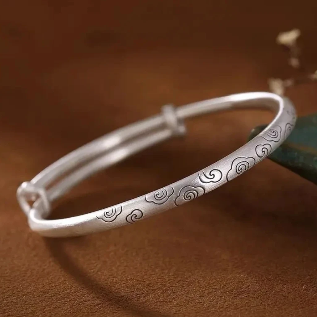 足银手镯 A56古法祥云银手镯9999实心送妈妈生日七夕送女友礼物