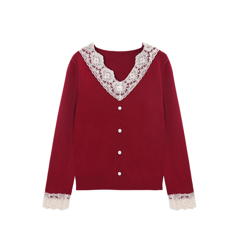 【梦成专属】Q8801：蕾丝拼接V领针织衫秋冬新款纯色设计长袖打底衫