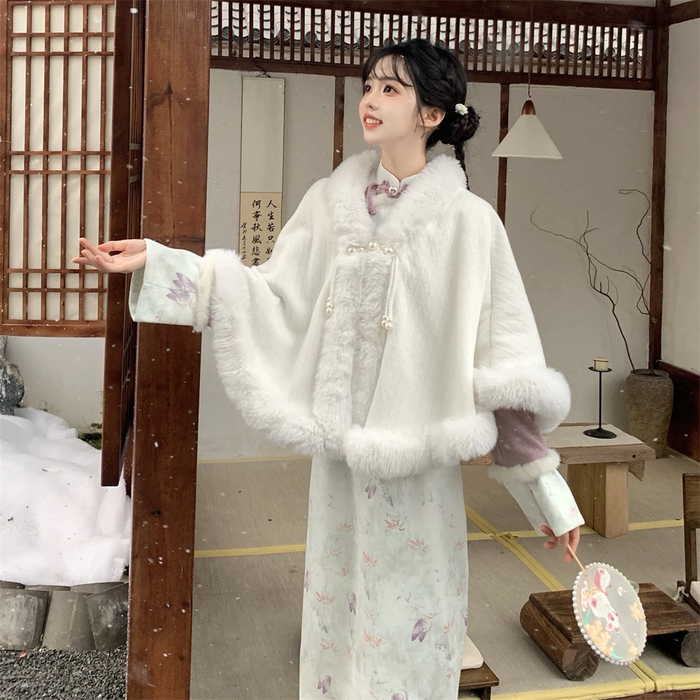 3623  秋冬加绒加厚复古新中式国风改良旗袍裙+斗篷披肩两件套