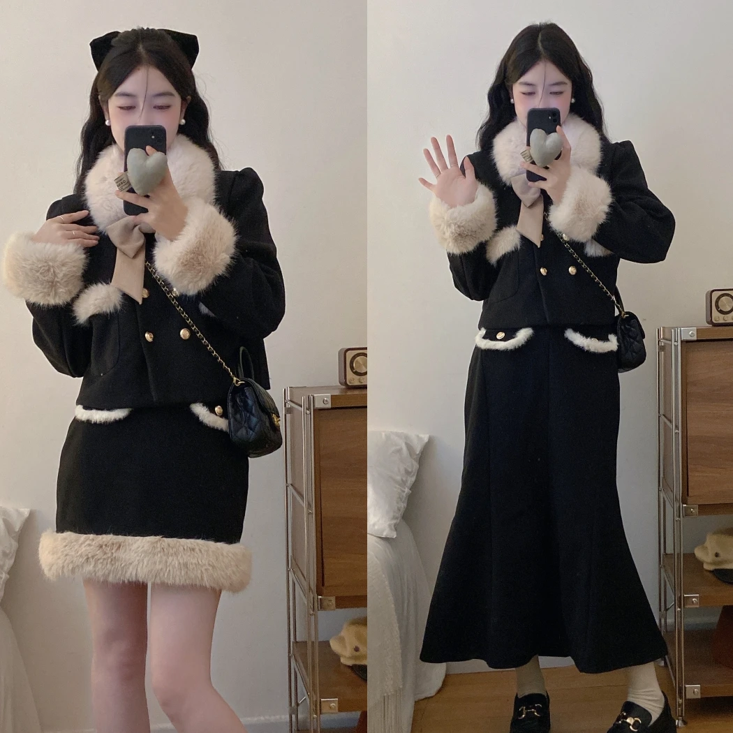 7313 胖mm大码女装秋冬千金风毛领黑色毛呢外套+长短裙两件套