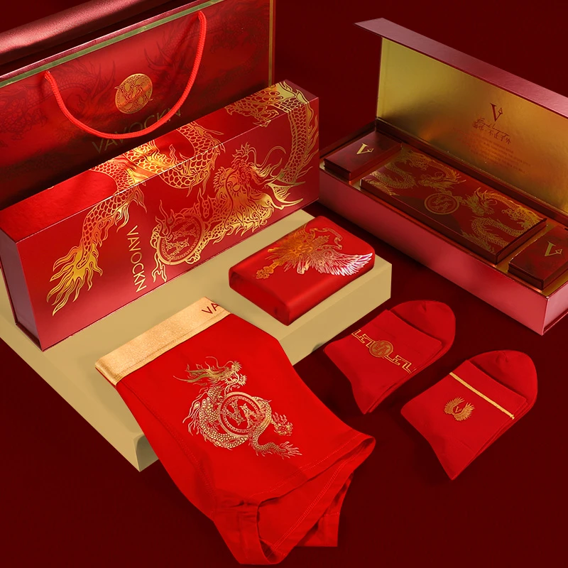 VA品牌本命年男士纯棉内裤平角裤大红色袜子喜庆结婚龙年专属礼盒