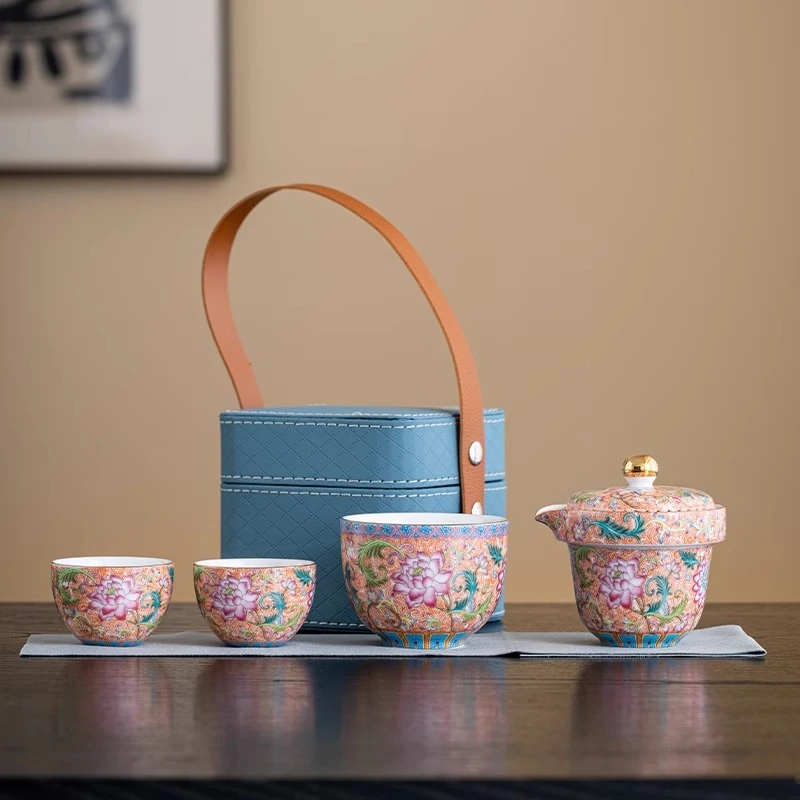 【闪购商品】珐琅彩便携式旅行茶具套装户外露营旅游手抓壶