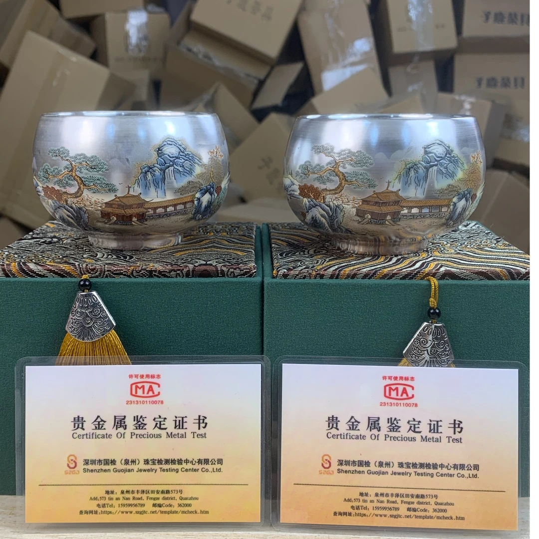 【闪购商品】山水999鎏银禅定主人杯对杯