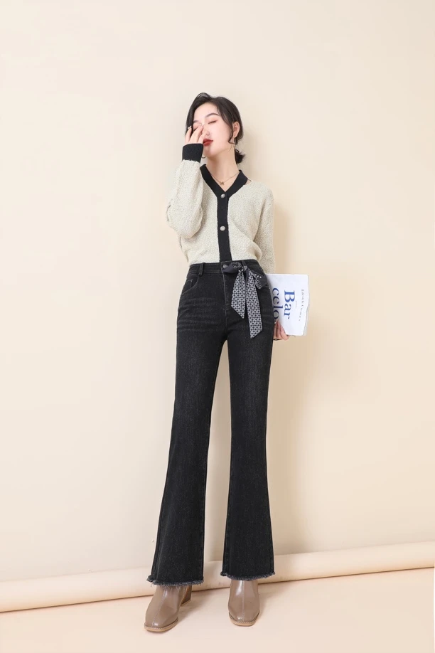 宽松微喇裤 7177女士加绒加厚微喇牛仔裤喇叭牛仔裤外穿百搭显瘦