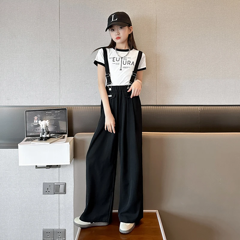 （套装=上衣+背带裤）女童夏装2024新款中大童装洋气夏季阔腿两件套