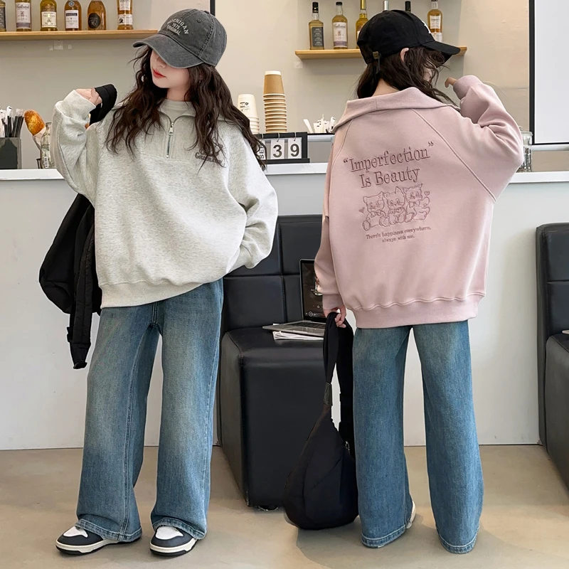 女童卫衣直筒牛仔裤套装2024新款中大童韩版洋气时髦儿童两件套潮