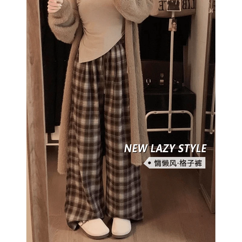 复古格纹休闲裤女2025秋冬新款慵懒感磨毛高腰松紧宽松拖地裤长裤