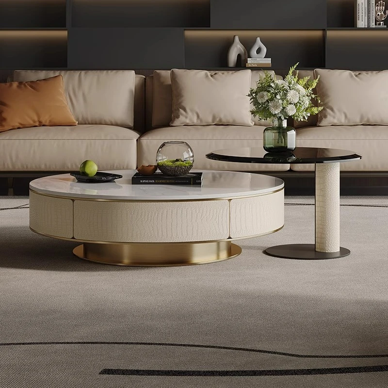 轻奢现代圆形岩板茶几鳄鱼皮不锈钢客厅家用小户型客厅带储物茶桌