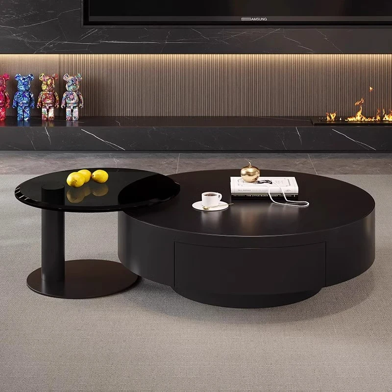 茶几客厅2024新款家用轻奢高级感家用意式极简圆形黑色岩板茶几桌
