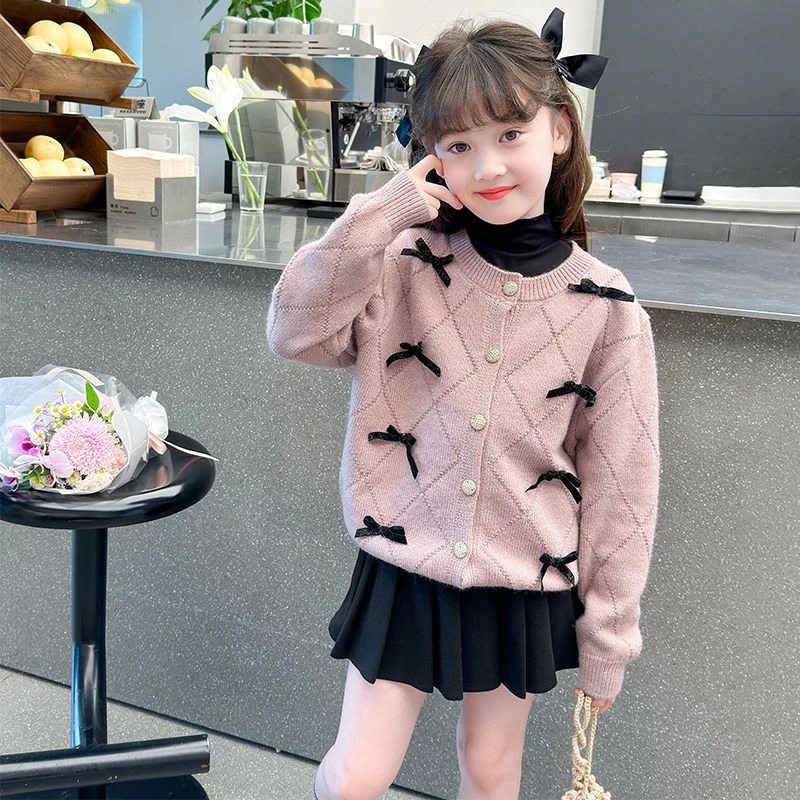 女童毛衣开衫春秋款2024新款儿童针织上衣韩版洋气外套时髦