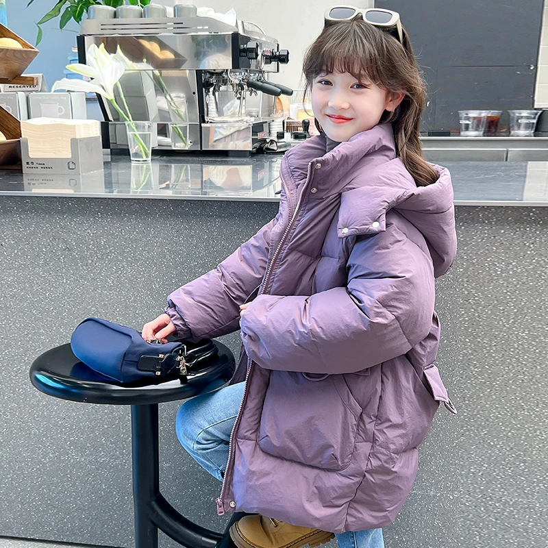 2024年连帽纯色大口袋女中大童童羽绒服防风抗冻一件过冬款
