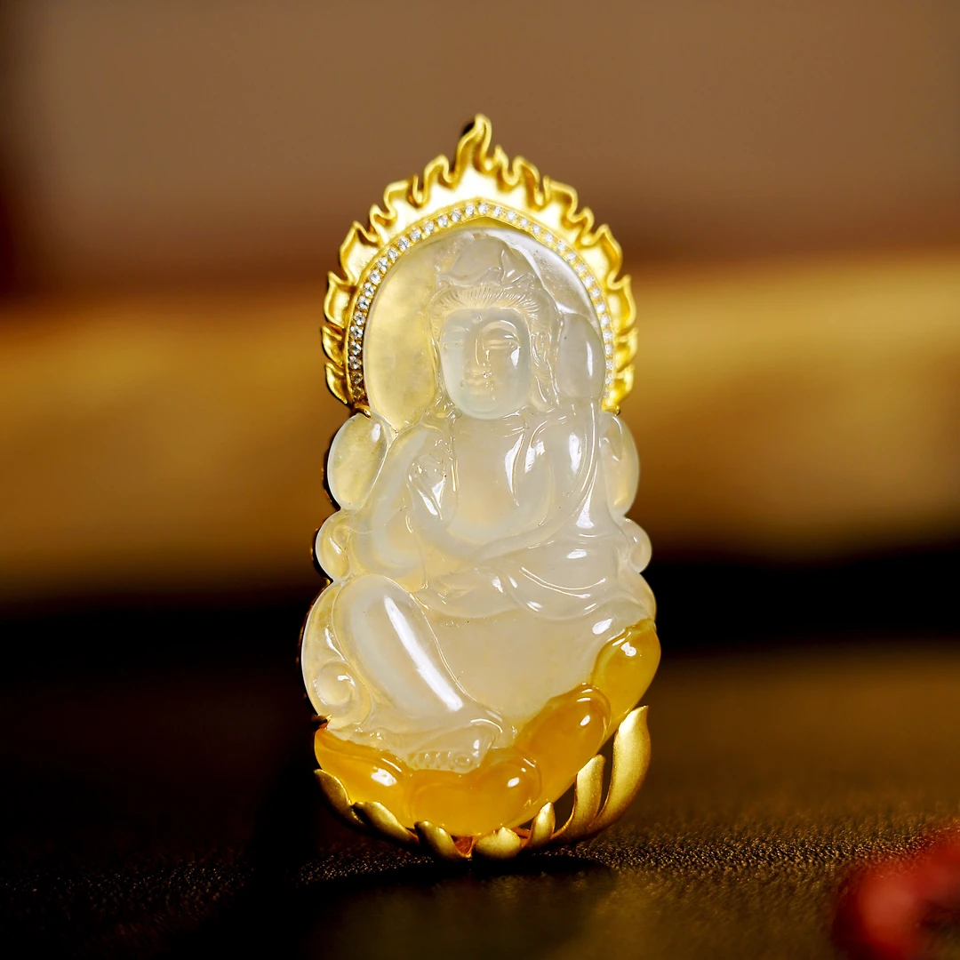【观自在心】老坑冰黄翡观自在菩萨翡翠吊坠 18K金镶精雕观音佛像