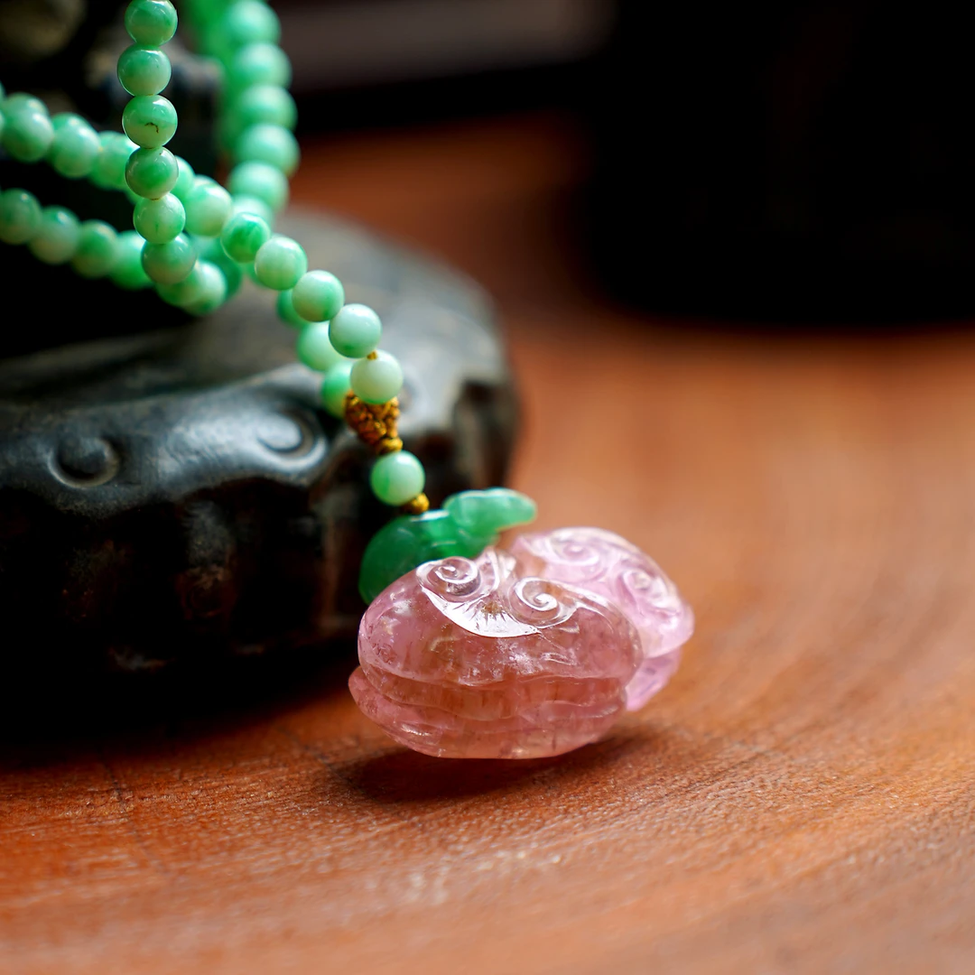 【福·如意】清代 宫廷老碧玺如意进财吊坠 翠绿翡翠圆珠气质项链