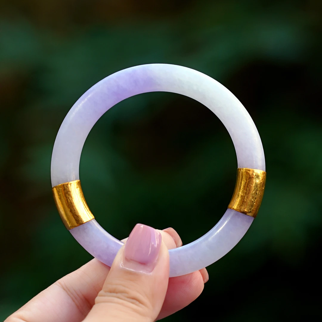 【忆念秋】56圈 糯冰正椿紫翡翠手镯 金镶稀有仙女粉紫色老镯子