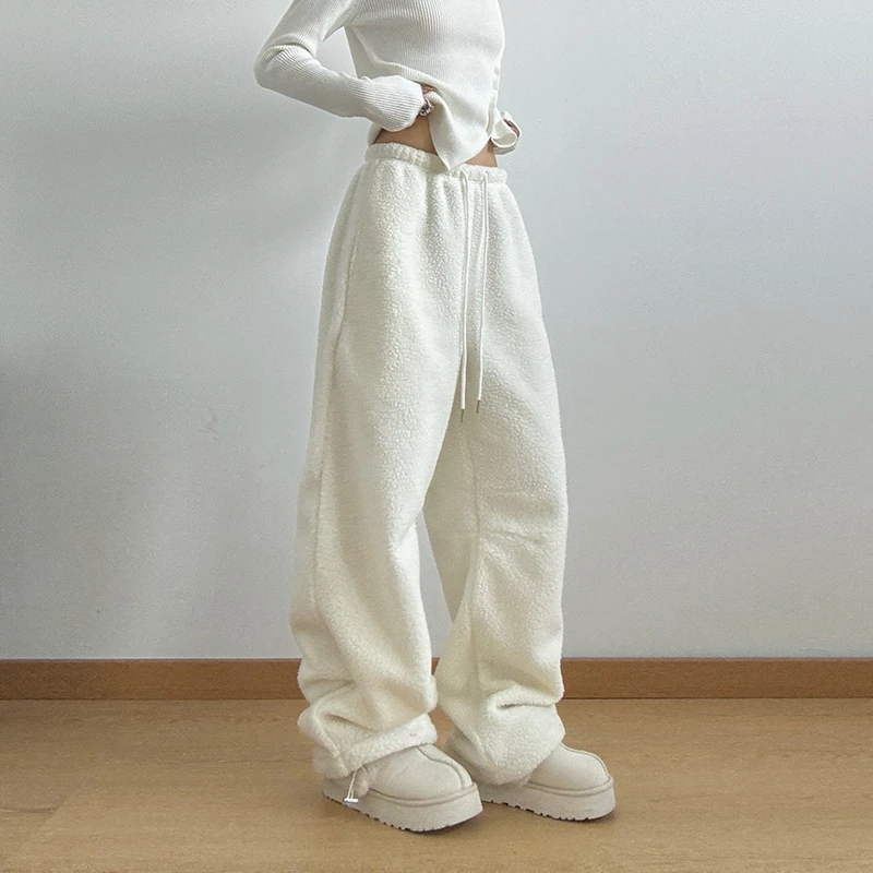 摇粒绒加绒阔腿裤女2025新款冬季加厚慵懒风宽松休闲裤显瘦直筒裤