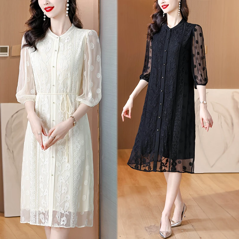 2024夏季新款气质妈妈收腰宽松连衣裙妈妈气质夏装绣花蕾丝时尚