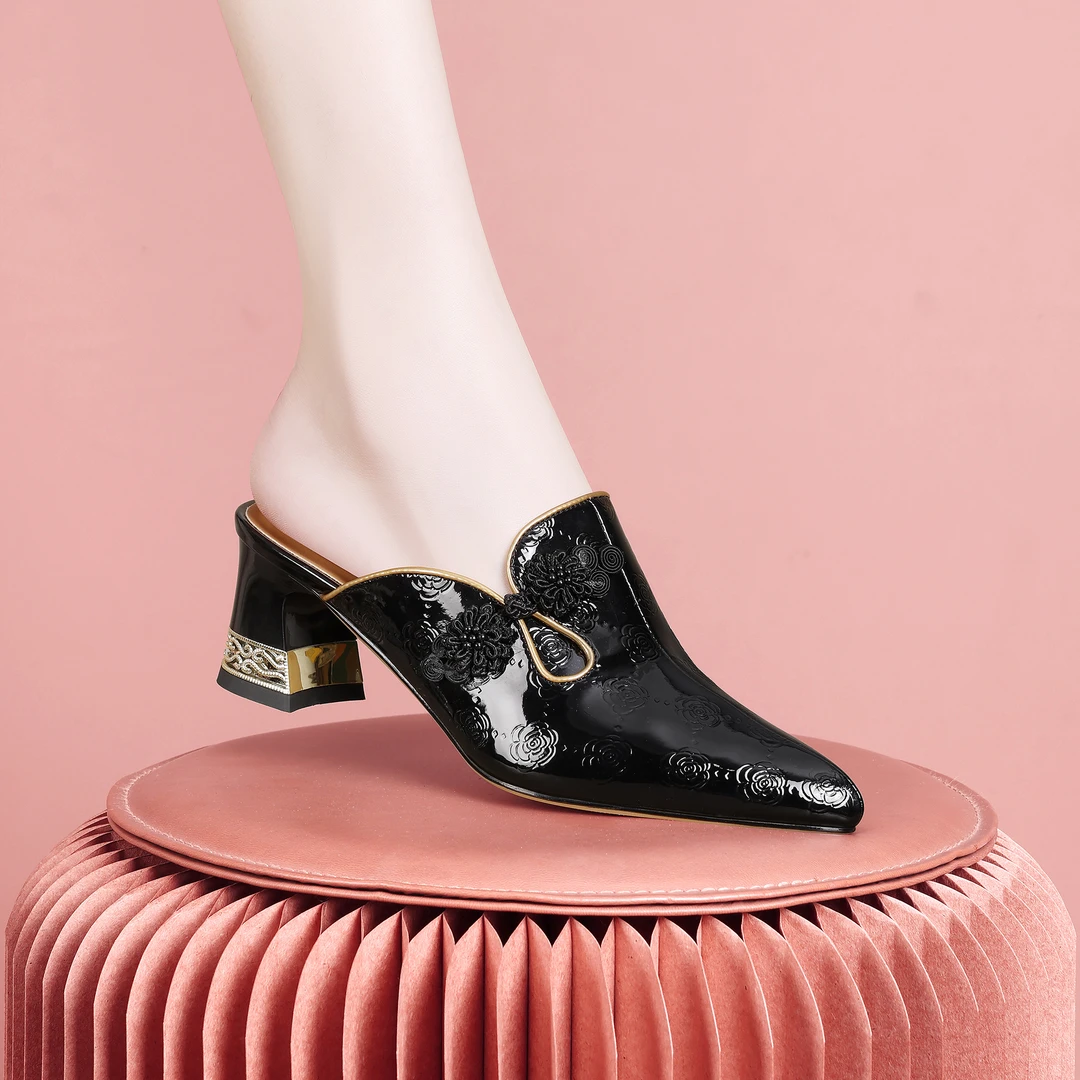 梵芮诗2024新款春夏季尖头外穿纯色气质优雅百搭粗跟凉拖鞋-J0661