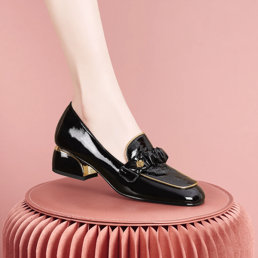 梵芮诗2024年春秋方头新款潮流设计百搭洋气粗跟女单鞋-Y1012