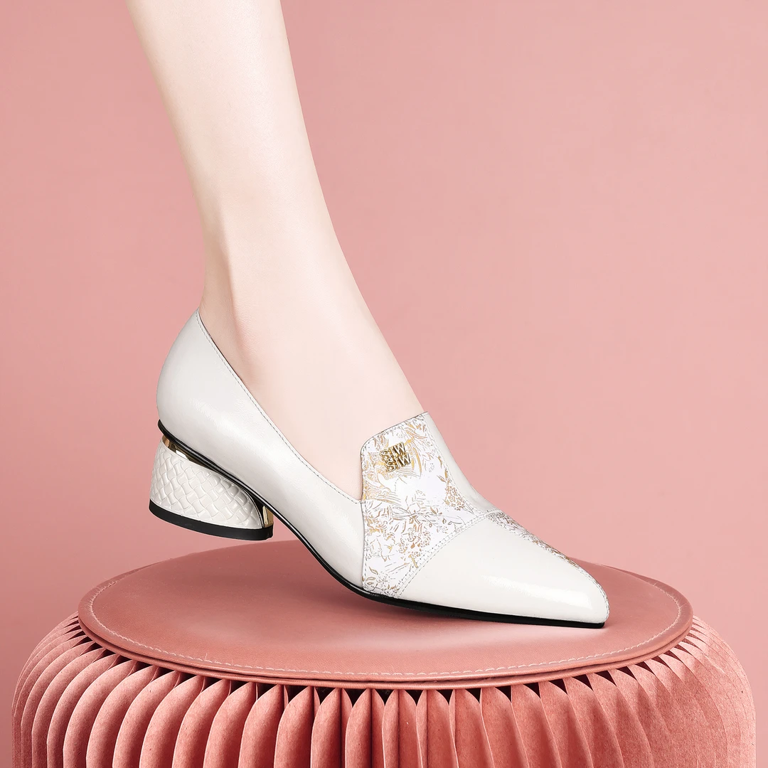 梵芮诗2024年春夏季新款尖头拼色潮流时尚穿搭粗低跟女单鞋-J1024