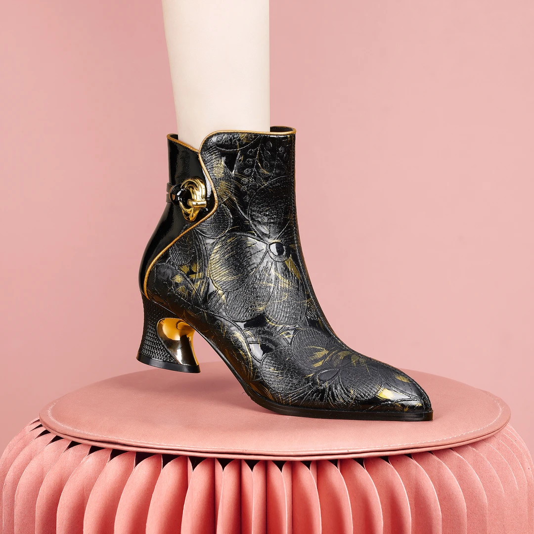 梵芮诗秋冬加绒尖头金属装饰拼色时尚气质百搭粗跟女短靴-J0390