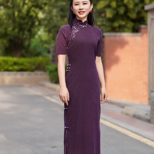 千帆旗袍 凝夜紫 弹力缎香云纱旗袍 无省修身显瘦高腰线旗袍