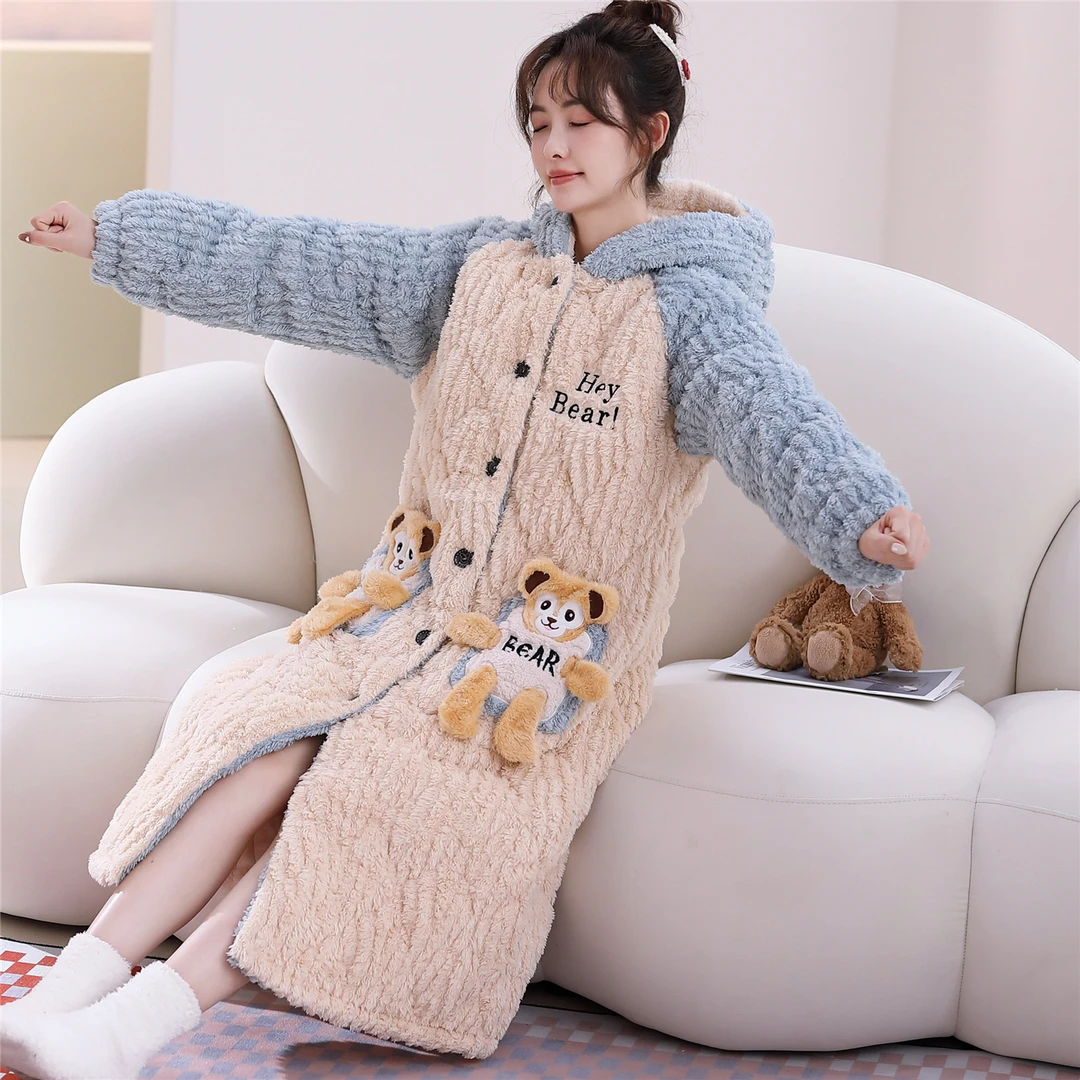 睡衣女冬季珊瑚绒加绒加厚三层夹棉睡袍年轻24新款保暖长款家居服