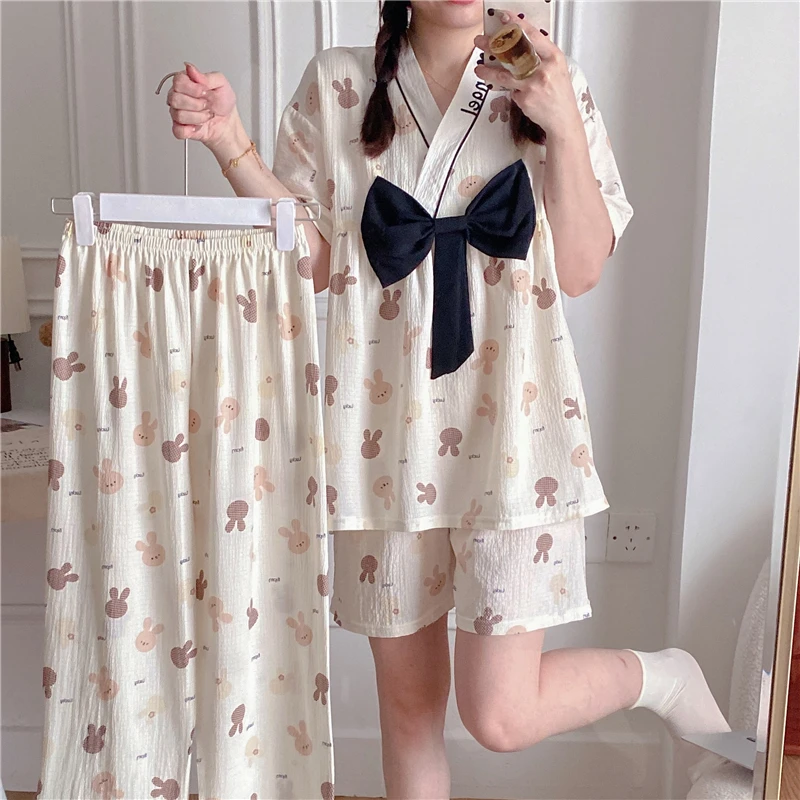 夏天套头女睡衣套装三件新款印花云朵棉纱夏季薄款女士舒适家居服