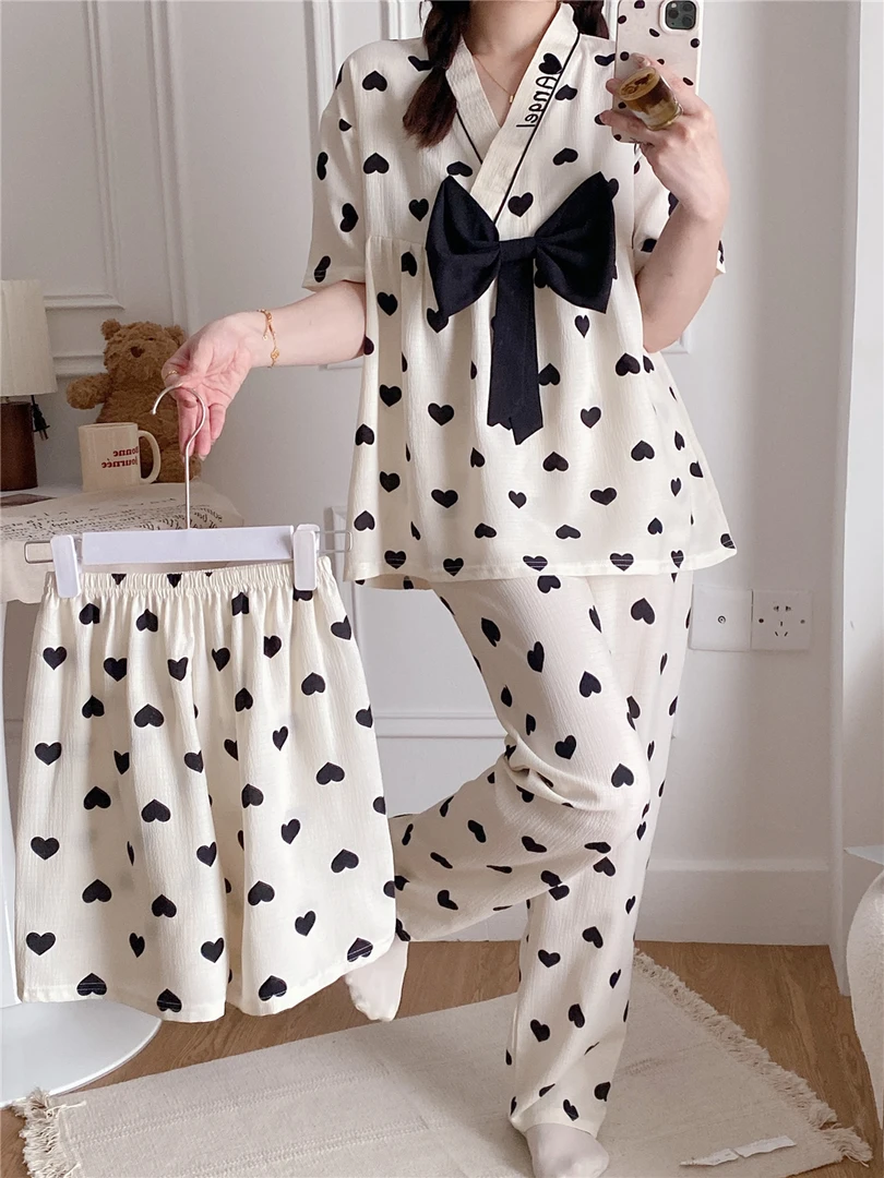夏天睡衣女套装三件波点显瘦新款女童夏季薄款春夏女士舒适阔腿