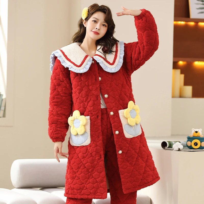 三层夹棉女士珊瑚绒冬季睡衣卡通睡袍加绒长款保暖浴袍可爱家居服