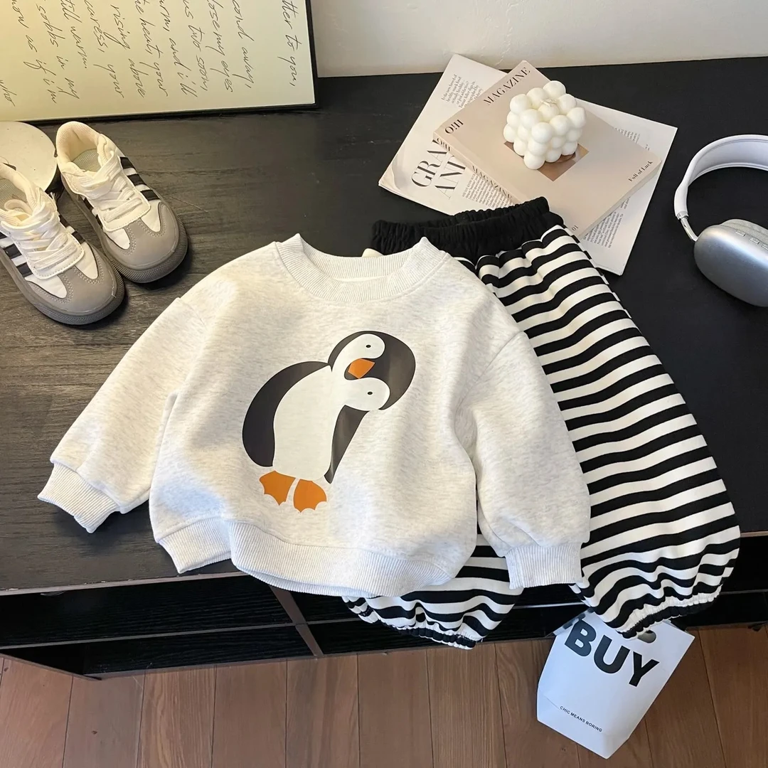 【加绒套装】儿童卫衣卫裤百企鹅条纹套装男童时尚套装
