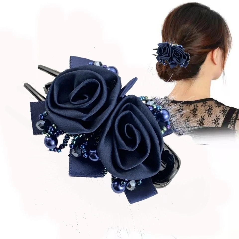新款鸭嘴夹发饰气质玫瑰花朵绢纱布料高档扎头发盘发马尾专用头饰