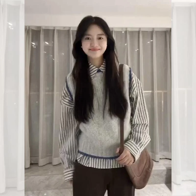 早秋新款针织衫叠穿衬衫学院风套装女小个子穿搭高级小洋装两件套