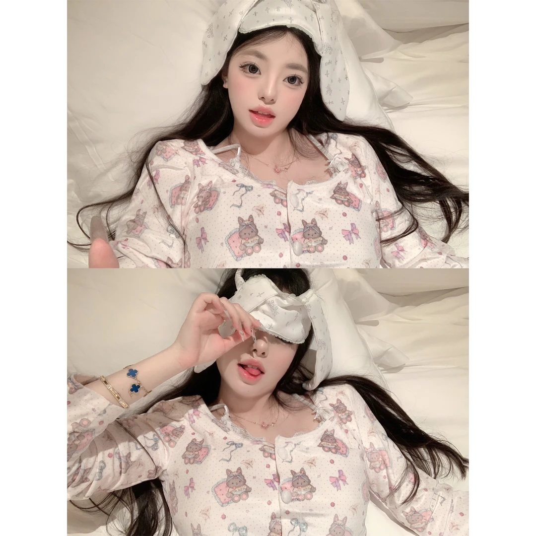 捞捞酱「爱神小兔」原创线日系少女家居服睡衣甜美海岛绒带胸垫冬