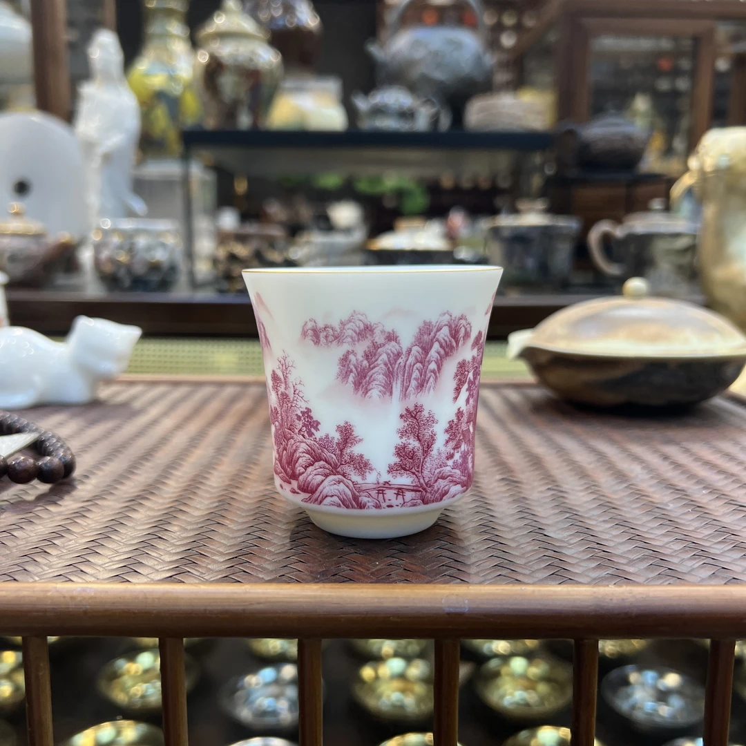 江南美景玛瑙红素烧闻香杯主人杯家用高档陶瓷手绘