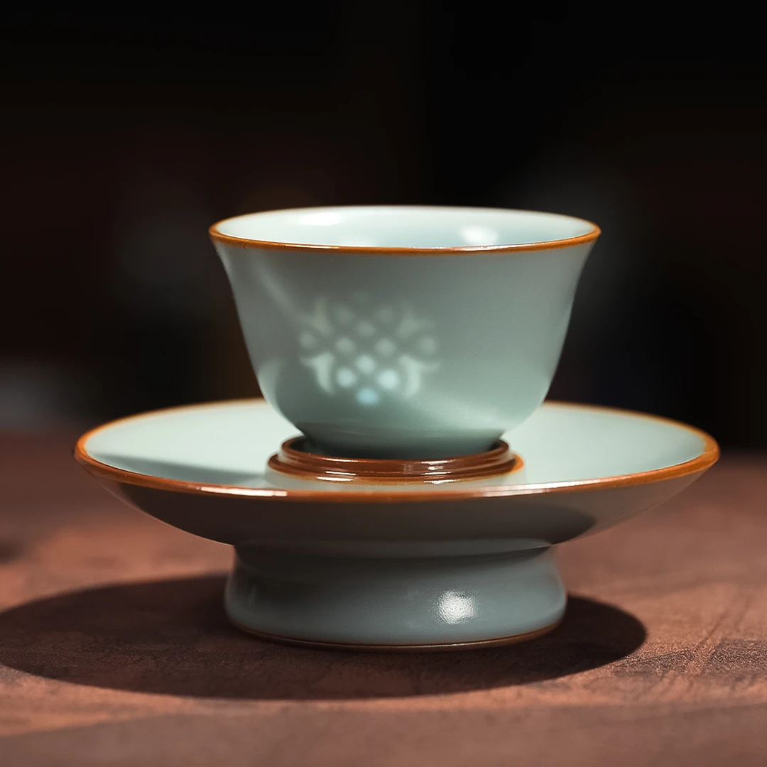 现代仿汝瓷玲珑带底托高足主人杯B天青色手工