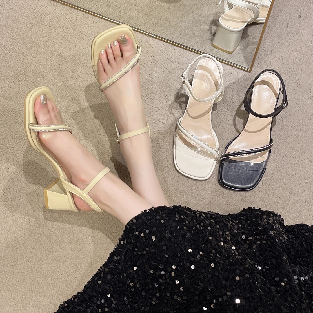 法式中跟露趾凉鞋女2024新款夏季时尚一字带粗跟配裙子百搭凉鞋