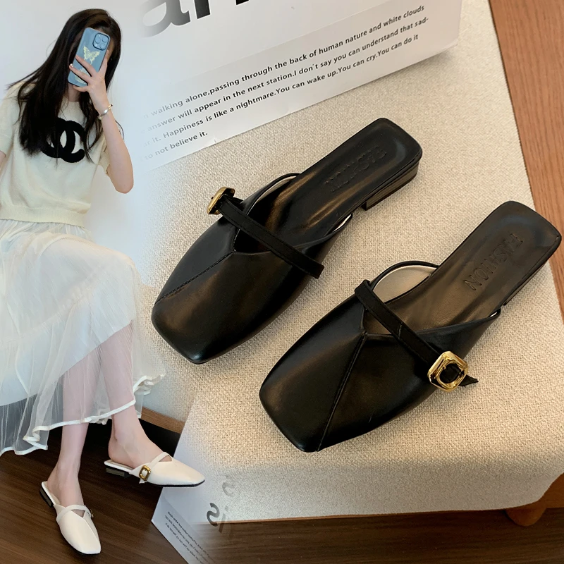 法式温柔半拖鞋女外穿低跟包头拖2024夏季新款凉拖百搭软皮穆勒鞋