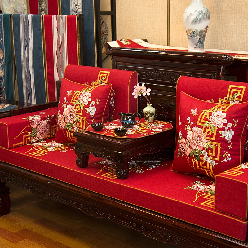 中式花鸟刺绣沙发垫古典家用防滑垫子罗汉床加厚坐垫茶椅垫可定制