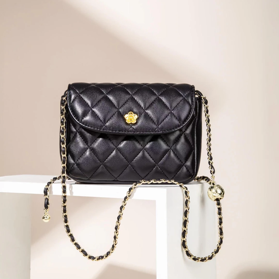 设计师款头层牛皮随身包女单肩黑色链条包斜挎包小香风菱格包真皮