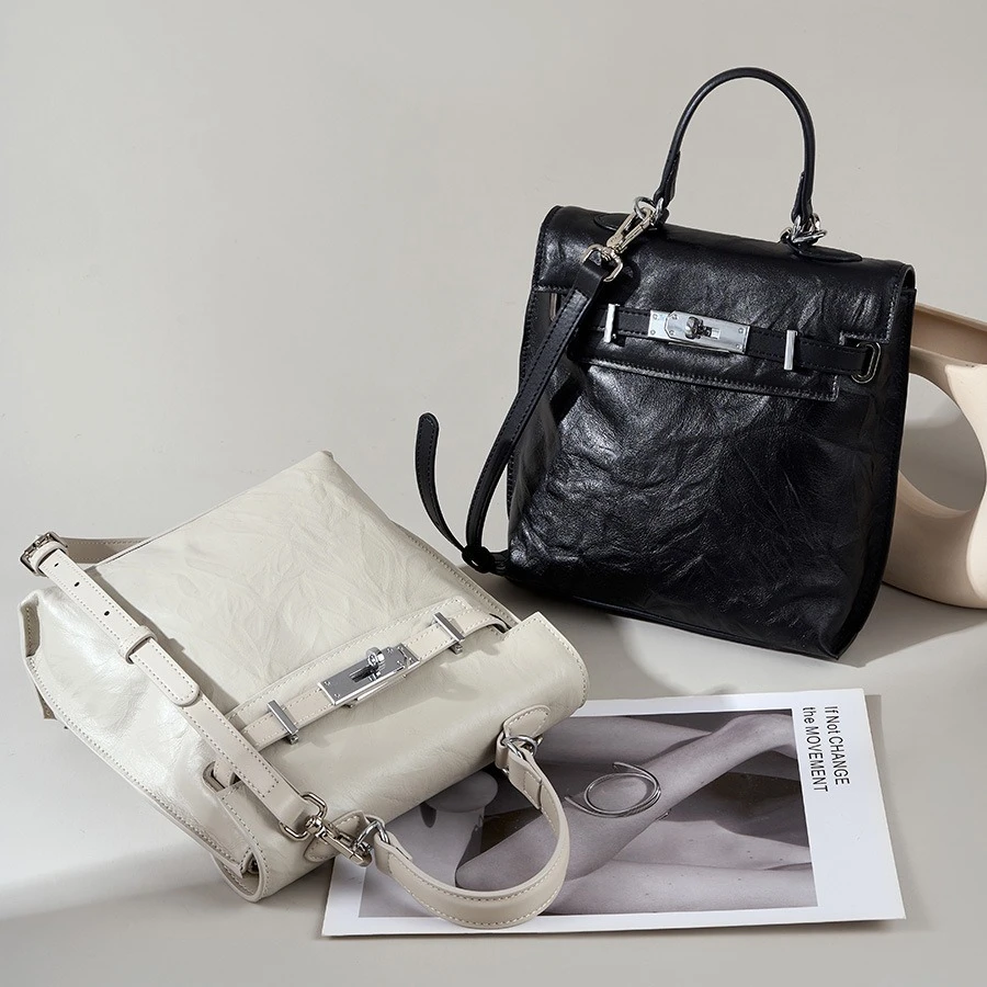 小众设计师款褶皱双肩包头层牛皮多功能极简时尚单肩包大容量背包