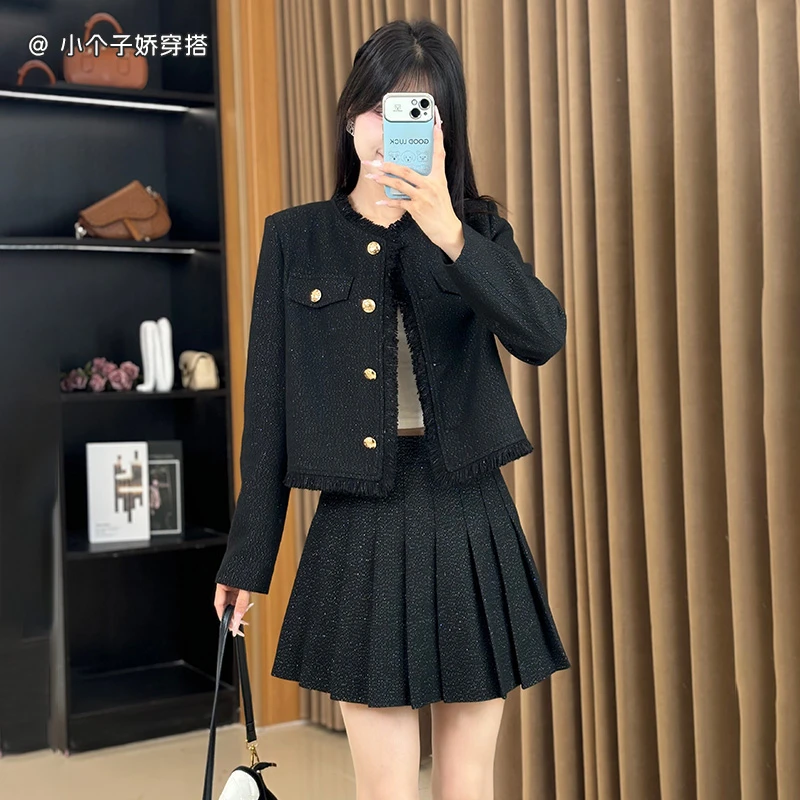 气质名媛小香风套装裙女秋冬高级感小个子穿搭短外套百褶裙两件套